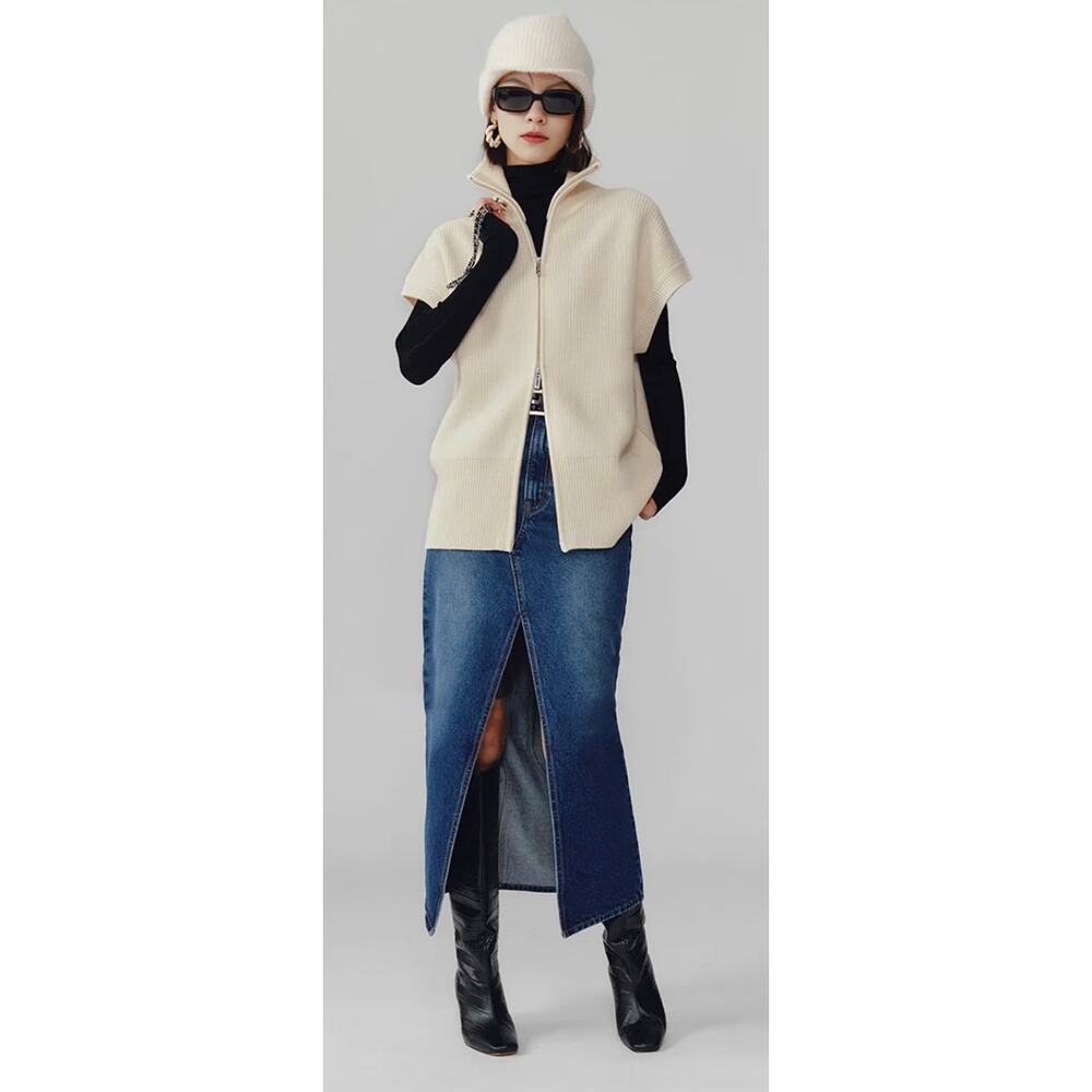 Fibflx 100% Wool Sleeveless Double Zipper Cardigan Vest Medium